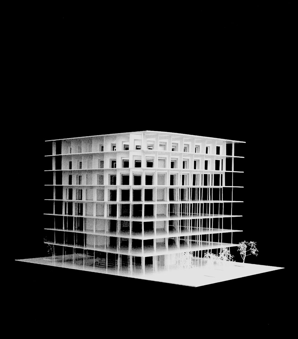 Associati Architectes EPFL SIA Genève. Associati sàrl, Christophe Alhanko, Loris Guillard, Mikaël Sachs. Gradiant office building Model Exterior view
